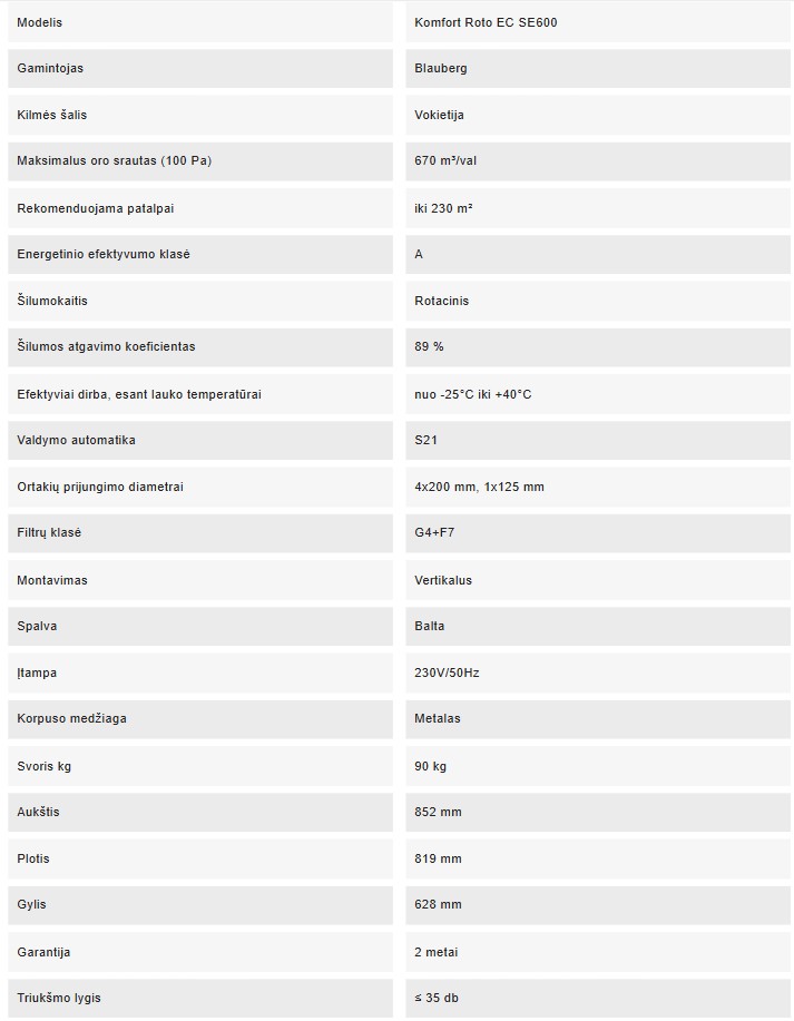 Rekuperatorius Blauberg ROTO SE600 S21, 670 m³/val su rotaciniu  šilumokaičiu