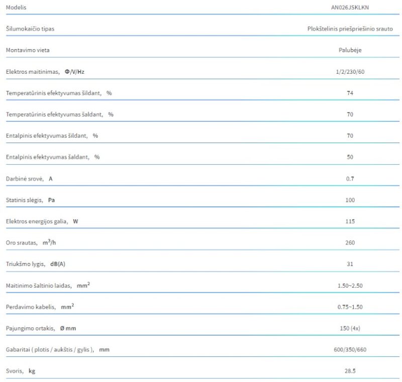 Rekuperatorius Samsung ERV AN026JSKLKN su priešpriešiniu šilumokaičiu ir valdikliu