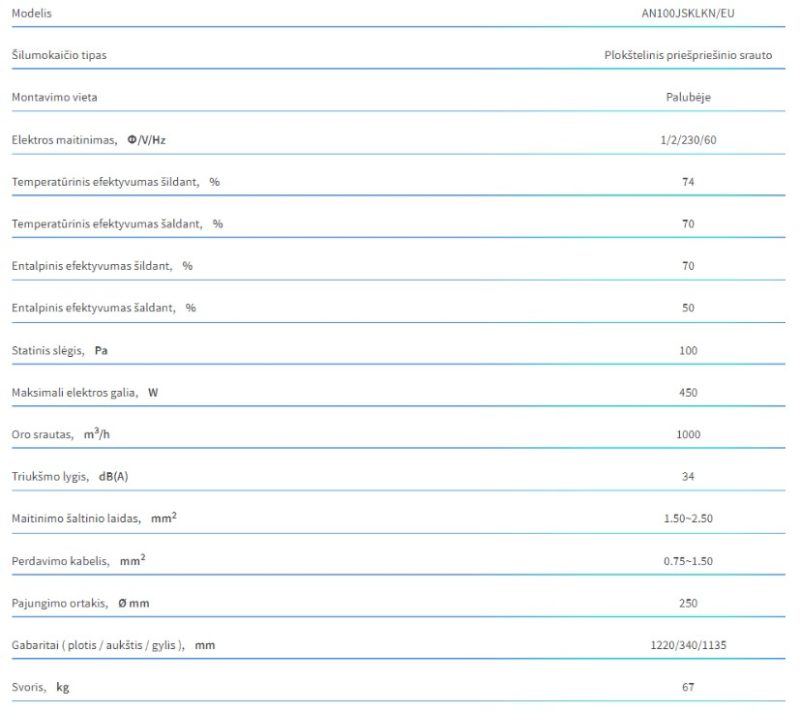 Rekuperatorius Samsung ERV AN0100JSKLKN su priešpriešiniu šilumokaičiu ir valdikliu